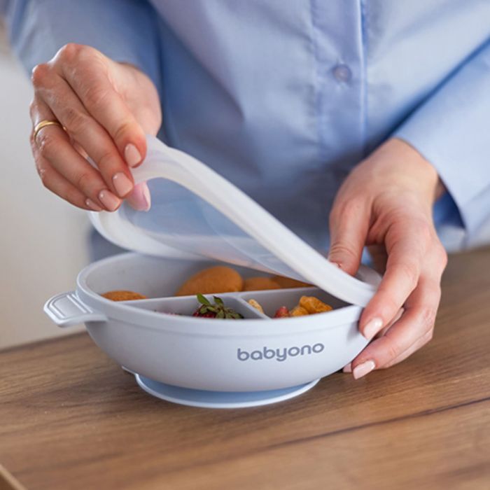 Детская силиконовая тарелка с присоской и крышкой BabyOno Детская силиконовая тарелка с присоской и крышкой BabyOno