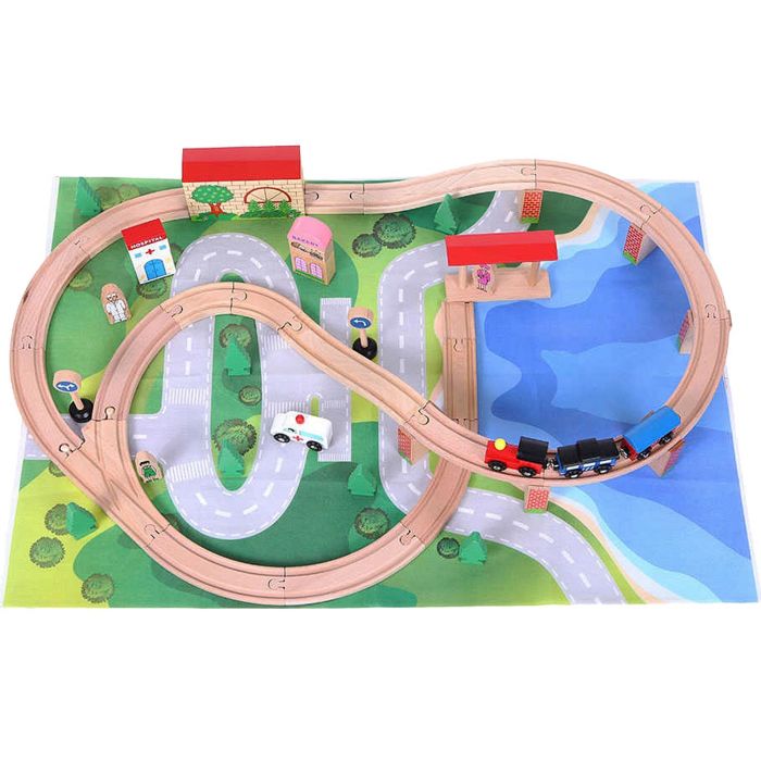 Деревянная железная дорога 50 элементов + коврик EcoToys HJD93949