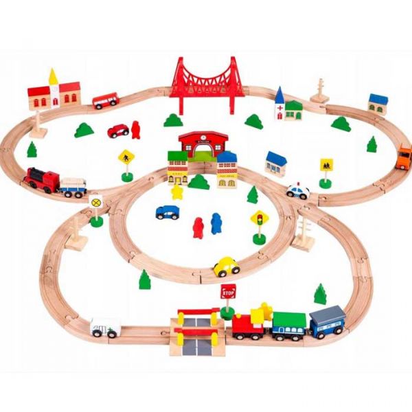 Деревянная железная дорога на батарейках EcoToys HM014665 90 элементов