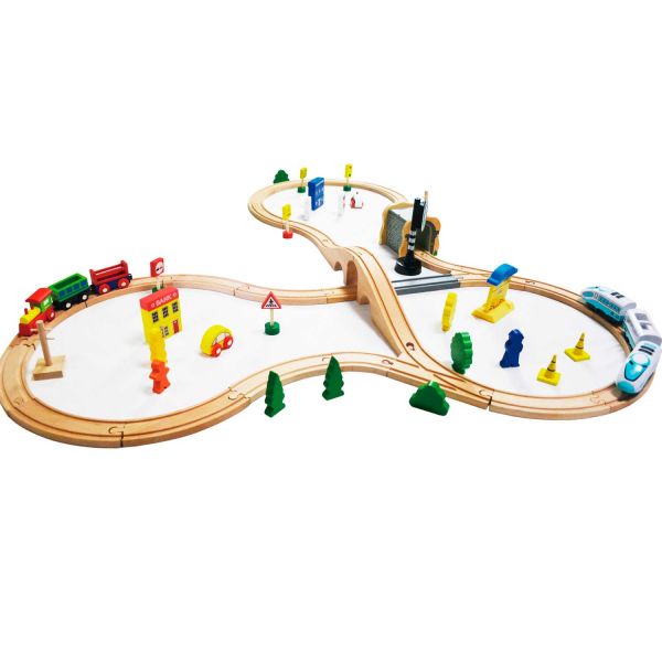 Деревянная железная дорога на батарейках EcoToys HM015147 69 элементов